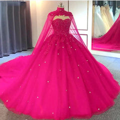 Hot Pink Detachable Cape Quinceanera Sweet 16 Ball Gown Prom Dress