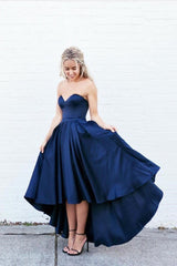 Dark Blue Satin Hi-lo Prom Gown with Sweetheart Corset,A Line Prom Dresses