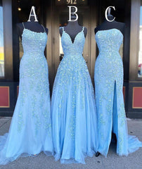 Long Prom Dresses with Applique,8th Graduation Dress School Dance Sky Blue Formal Dresses