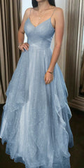 Glittery Light Blue Prom Dress Evening Dresses Ruffled Long Prom Gown
