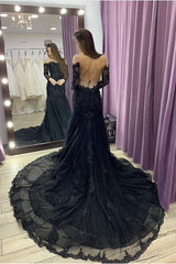 Full Sleeves Lace Dark Navy Evening Gown with Long Train