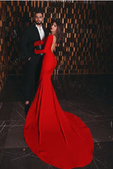 Full Sleeves Mermaid Red Evening Gown with Open Back