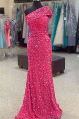Mermaid One Shoulder Hot Pink Prom Dress Long,Red Dinner Party Dresses