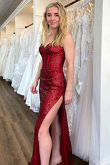 Sparkly Red Sequins Long Prom Dress with Sweep Train,Split Formal Evening Dresses