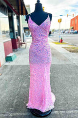 V-Neck Lace-Up Iridescent Pink Sequins Long Party Dress Sparkly Mermaid Formal Dresses