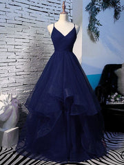 Beautiful Navy Blue Tulle Straps Long Party Dress,Princess Formal Gown