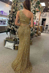 Green Two Piece Sequined One Shoulder Long Party Dress with Tassel,Gala Dresses Elegant