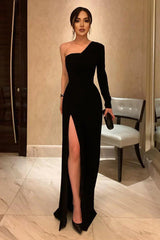 A-line Sweetheart Long Sleeves Black Long Prom Party Dress with Slit