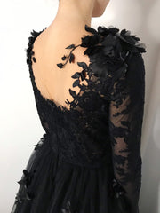 Black Floral Gothic Wedding Dress,Long Sleeve Formal Dress