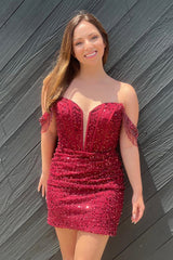 Wine Red Sequins Off-the-Shoulder Sheath Homecoming Dress with Tassels