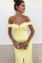 Long Yellow Evening Dresses Off-the-shoulder Front Cut Vestido de noche