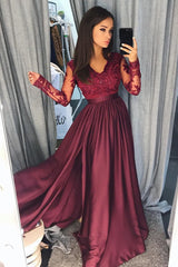 Maroon Long Sleeve V-neck Prom Dress with Lace Banquet Gown with Slit