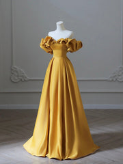 Gold Satin Long Prom Dress, Off Shoulder A-Line Formal Evening Dresses
