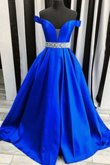 Off-the-shoulder Royal Blue Evening Dress with Rhinestones Belt,event dresses elegant