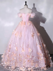 Stunning Pink Floral Off the Shoulder Prom Dresses Ball Gown Quinceanera Dress
