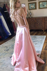 Pink Satin Prom Party Dresses with Beaded Halter Neckline