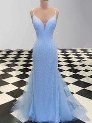 Sheath Spaghetti Straps Light Blue Sequin Prom Dresses