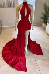 Modern High Neck Red Leg Split Mermaid Prom Dress Long