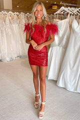 Red Off the Shoulder Feathered Bodycon Mini Homecoming Dresses