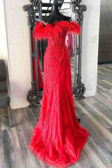 Plunging V-Neck Red Feather Shoulder Long Prom Dress Gala Evening Gown