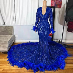 Sparkly Royal Blue Sequin Mermaid Prom Dresses with Feather