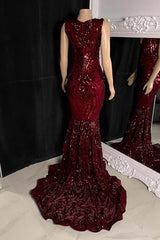 Glittery Long Red Mermaid Sleeveless Prom Dresses Sequin