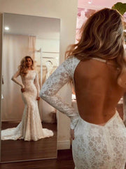 Sexy Open Back Mermaid Lace Wedding Dresses with Long Sleeves