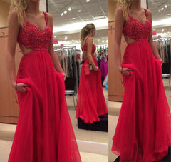 Red Spaghetti Strap Chiffon Backless Prom Dresses,A Line Long Formal Gowns