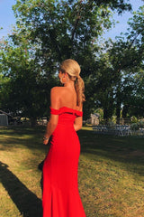 Slit Maxi Long Red Prom Dresses with Off-the-shoulder