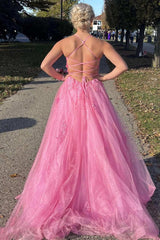 Lace Up Back Pink A-line Long Formal Dress Leg Split Prom Gown
