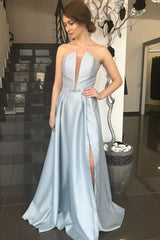 Stylish Neckline Satin Prom Party Dress with Beaded Sash,Evening Dress