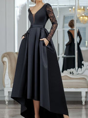 V Neck Long Sleeves Black Lace Long Prom Dresses,High Low Black Formal Dresses