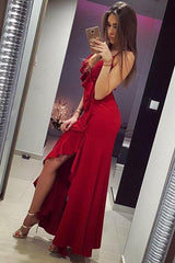 V-neckline Flounced Red Prom Dress with Thin Straps