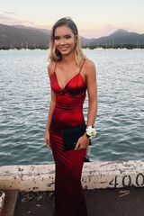 Wine-red Long Slim Prom Gowns Spaghetti Straps,Evening Dresses